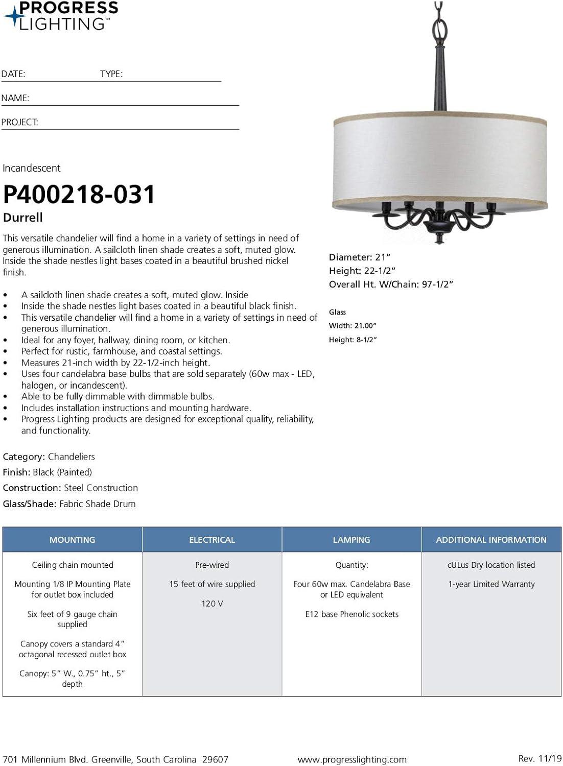 image:imageProgress Lighting Durrell Collection 4Light Sailcloth Linen Fabric Shade Coastal Chandelier Light Matte BlackBlack