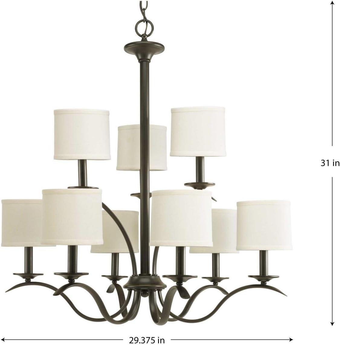 image:imageProgress Lighting Inspire Collection 9Light OffWhite Linen Shade Traditional Chandelier Light Brushed NickelAntique Bronze