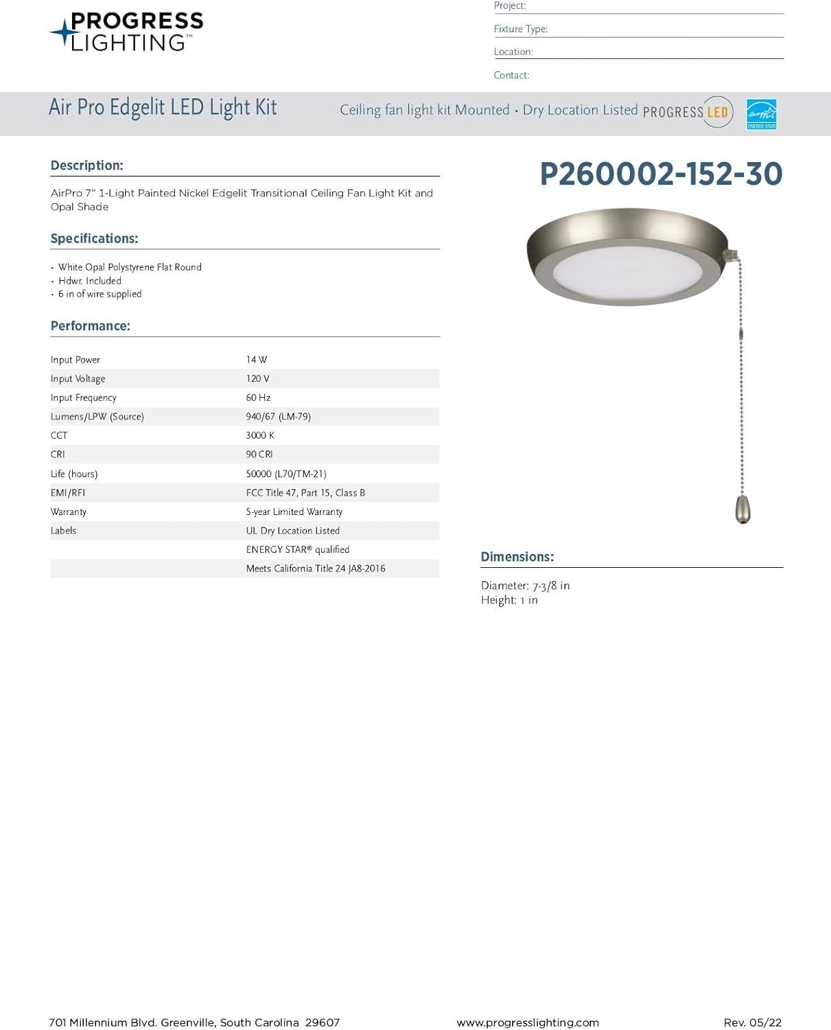 image:imageProgress Lighting P26000215230 AirPro 1Light Transitional Integrated LED Edgelit Ceiling Fan Light Kit Painted Nickel with Opal Shade