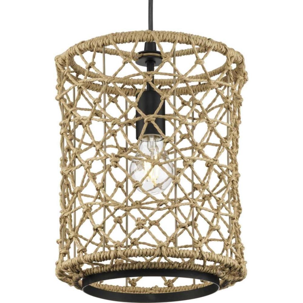image:imageChandra Collection OneLight Matte Black Global Pendant with Woven Shade P50041931M