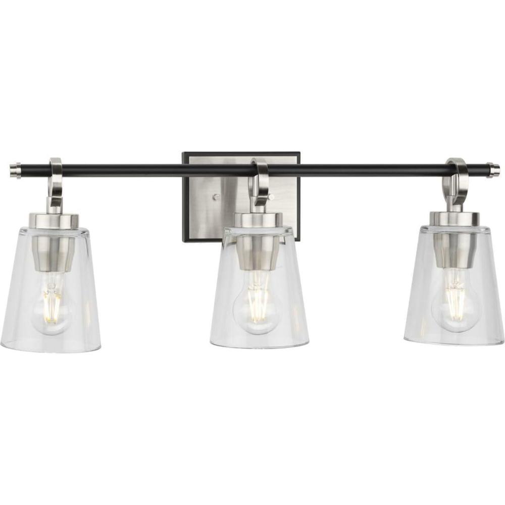 image:imageProgress Lighting Cassell 2412 in 3Light Brushed Nickel and Matte Black Vanity Light with Clear Glass Shades for Bathroom