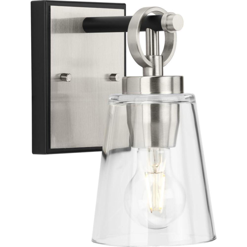 image:imageProgress Lighting Cassell 475 in 1Light Brushed Nickel and Matte Black Vanity Light with Clear Glass Shade for Bathroom