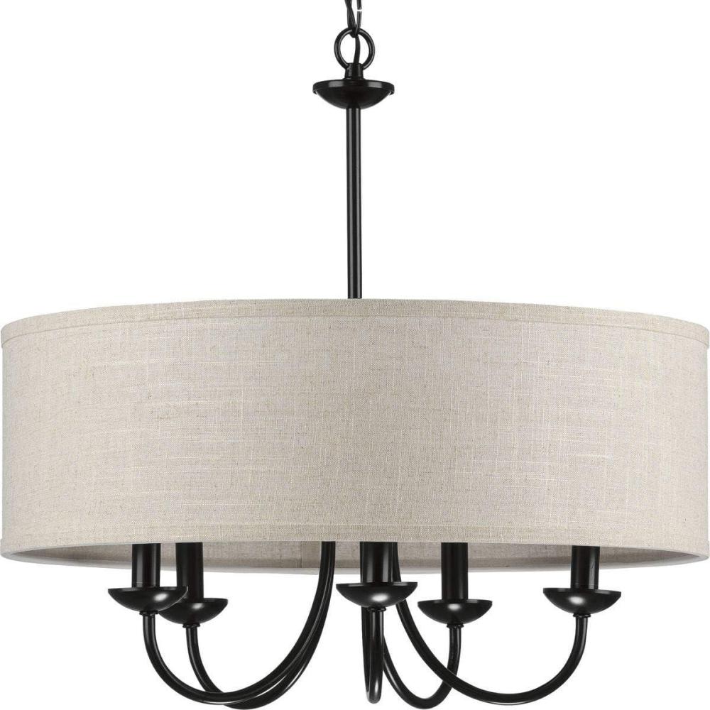 image:imageProgress Lighting Drum Shade Collection FiveLight Chandelier Farmhouse Style Hanging Ceiling Light Fixture for Dining Rooms Foyers White Textured Linen Shade Brushed NickelBlack