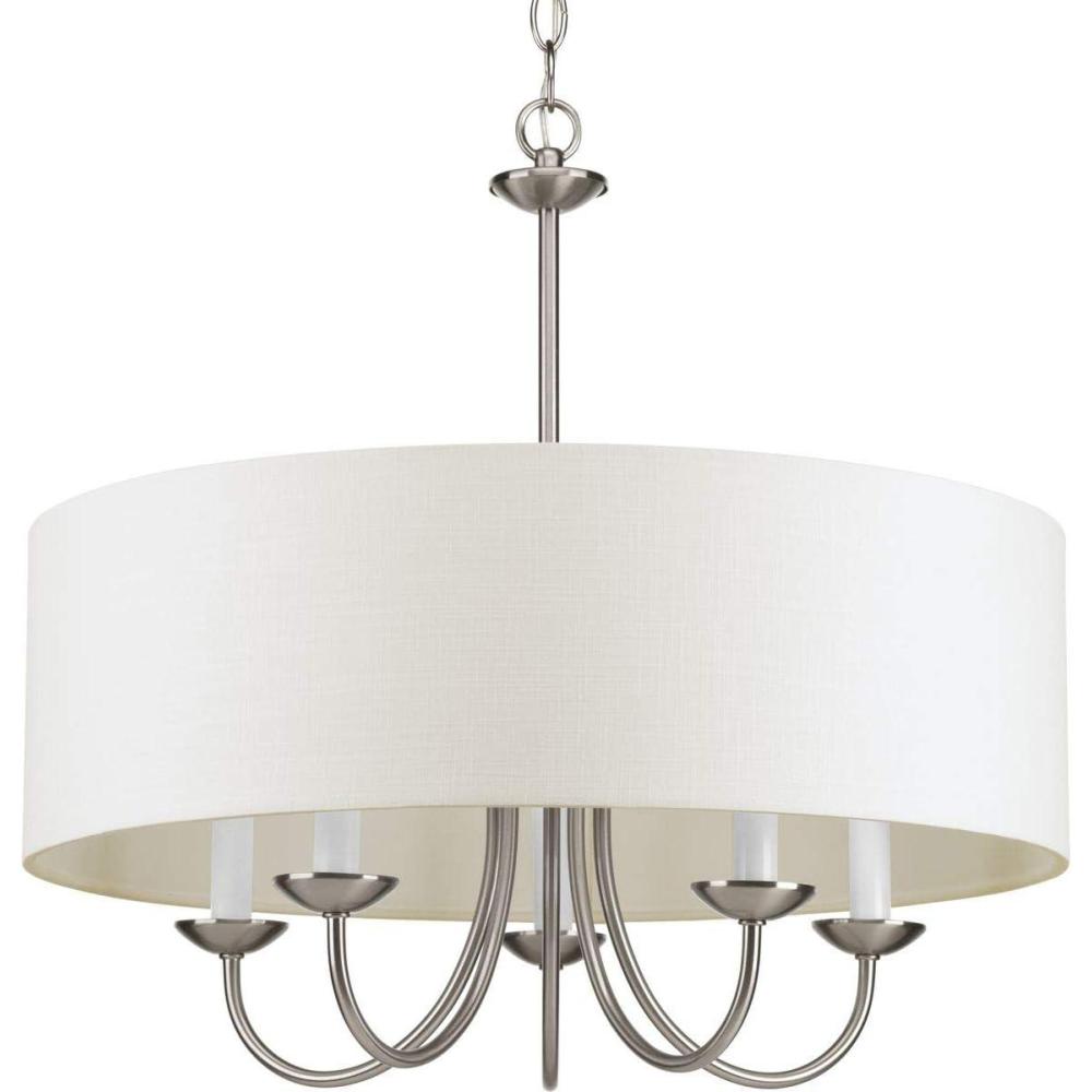 image:imageProgress Lighting Drum Shade Collection FiveLight Chandelier Farmhouse Style Hanging Ceiling Light Fixture for Dining Rooms Foyers White Textured Linen Shade Brushed NickelBrushed Nickel