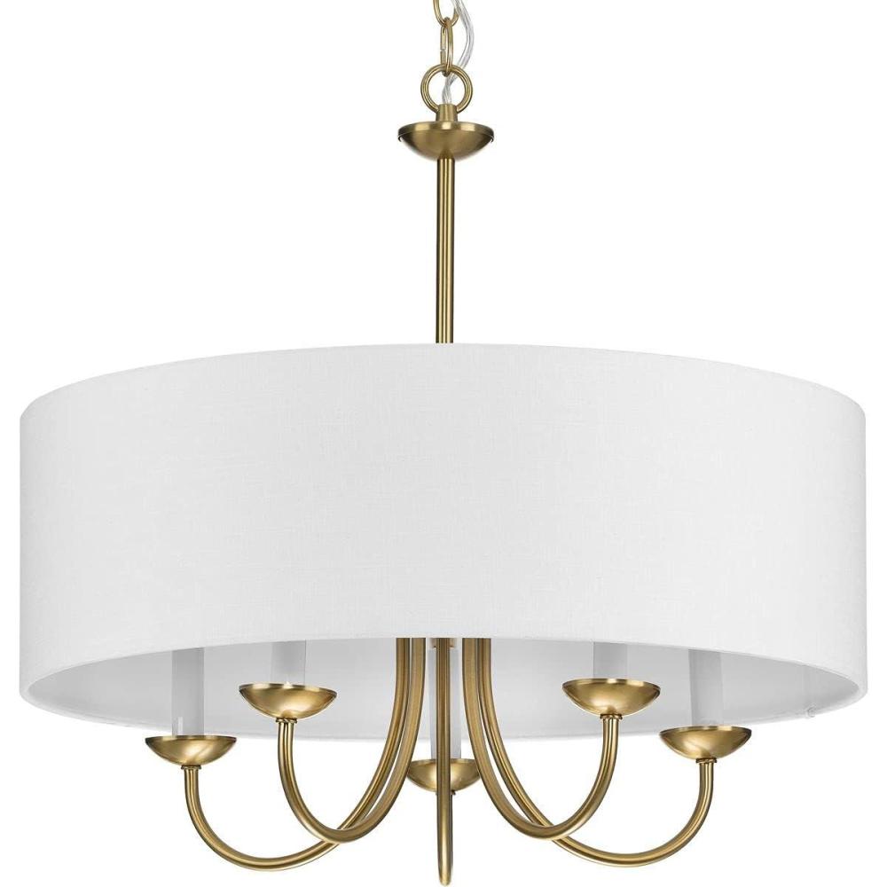 image:imageProgress Lighting Drum Shade Collection FiveLight Chandelier Farmhouse Style Hanging Ceiling Light Fixture for Dining Rooms Foyers White Textured Linen Shade Brushed NickelAntique Bronze