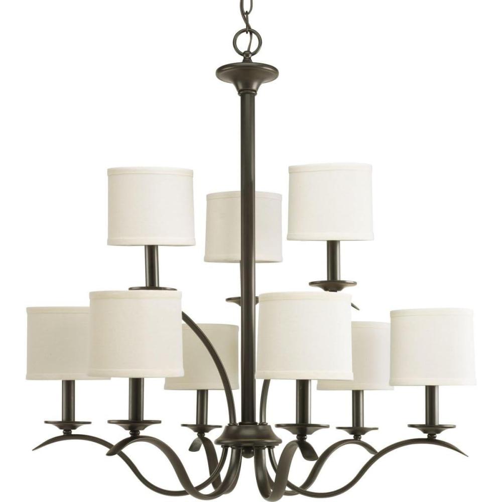 image:imageProgress Lighting Inspire Collection 9Light OffWhite Linen Shade Traditional Chandelier Light Brushed NickelAntique Bronze