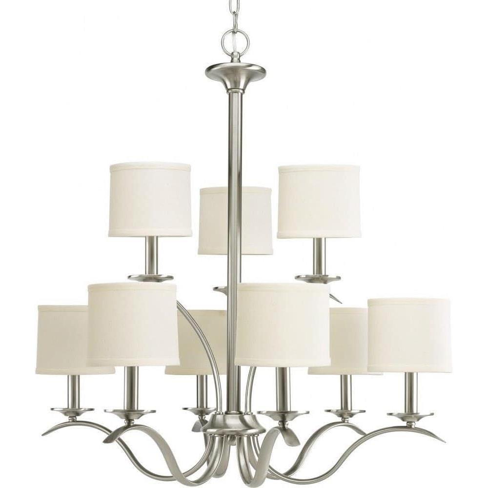 image:imageProgress Lighting Inspire Collection 9Light OffWhite Linen Shade Traditional Chandelier Light Brushed NickelBrushed Nickel