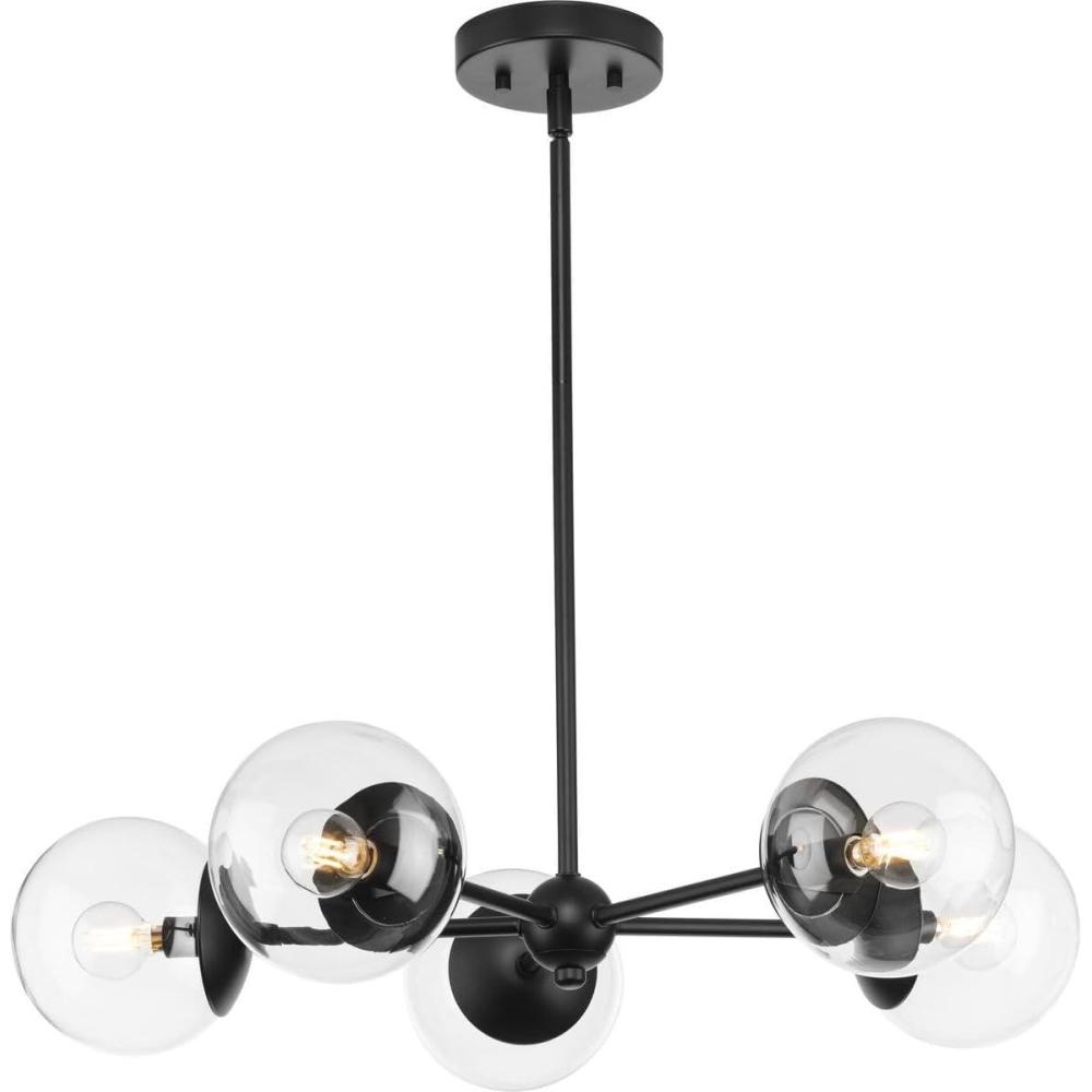 image:imageProgress Lighting P40032531M Atwell Collection 28 in FiveLight Matte Black MidCentury Modern Chandelier with Clear Glass Shade