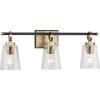 Progress Lighting Cassell 24.12 in. 3-Light Vintage Brass and Matte Black Vanity Light with Clear Glass Shades for Bathroom