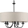 Progress Lighting Drum Shade Collection Five-Light Chandelier, Farmhouse Style Hanging Ceiling Light Fixture for Dining Rooms, Foyers, White Textured Linen Shade, Brushed Nickel(Black)