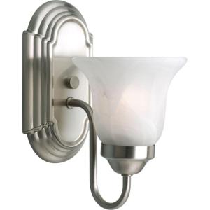 Progress Lighting 1 Light Bathroom Vanity Light, Modern Bath Lighting Fixture with White Glass Shade for Over the Mirror, Alabaster Glass Collection, Reversible Mounting, Brushed Nickel (P3051-09)(1-Light)
