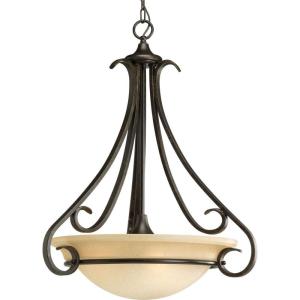 Progress Lighting 3-Light Tea Stained Glass Transitional Inverted Pendant Light, Torino Collection, Indoor, P3847-77, Forged Bronze(Bronze)