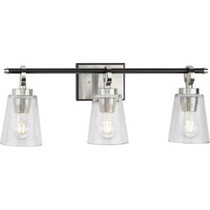 Progress Lighting Cassell 24.12 in. 3-Light Brushed Nickel and Matte Black Vanity Light with Clear Glass Shades for Bathroom