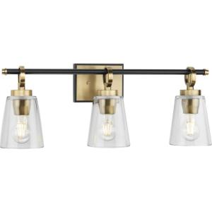 Progress Lighting Cassell 24.12 in. 3-Light Vintage Brass and Matte Black Vanity Light with Clear Glass Shades for Bathroom