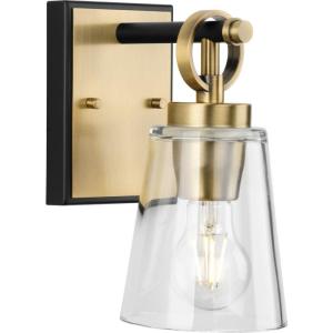 Progress Lighting Cassell 4.75 in. 1-Light Vintage Brass and Matte Black Vanity Light with Clear Glass Shade for Bathroom