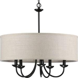 Progress Lighting Drum Shade Collection Five-Light Chandelier, Farmhouse Style Hanging Ceiling Light Fixture for Dining Rooms, Foyers, White Textured Linen Shade, Brushed Nickel(Black)