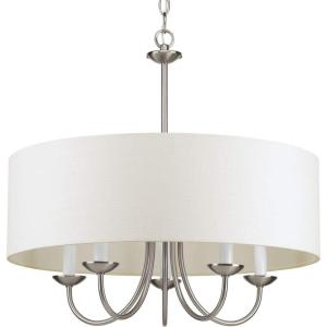 Progress Lighting Drum Shade Collection Five-Light Chandelier, Farmhouse Style Hanging Ceiling Light Fixture for Dining Rooms, Foyers, White Textured Linen Shade, Brushed Nickel(Brushed Nickel)