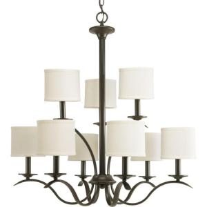 Progress Lighting Inspire Collection 9-Light Off-White Linen Shade Traditional Chandelier Light Brushed Nickel(Antique Bronze)