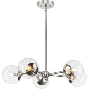 Progress Lighting P400325-009 Atwell Collection 28 in. Five-Light Brushed Nickel Mid-Century Modern Chandelier with Clear Glass Shade(Brushed Nickel)