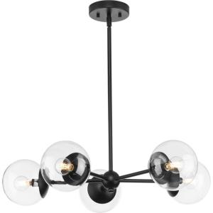 Progress Lighting P400325-31M Atwell Collection 28 in. Five-Light Matte Black Mid-Century Modern Chandelier with Clear Glass Shade