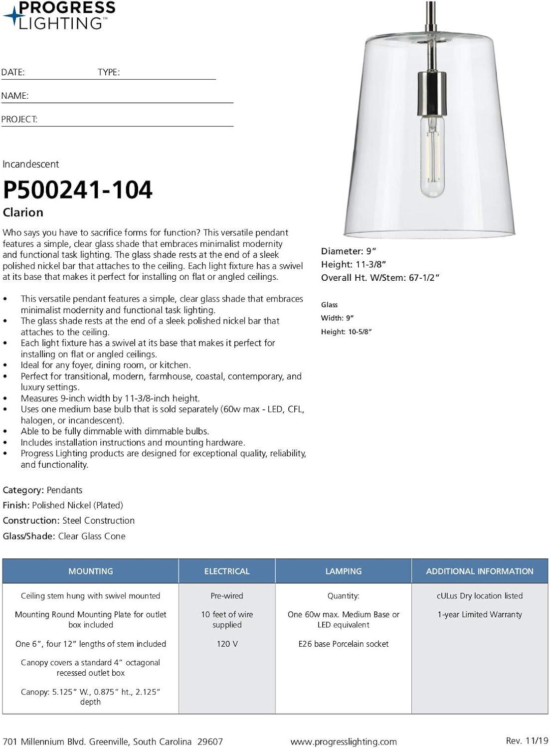 image:imageProgress Lighting Clarion Collection 1Light Clear Glass Coastal Pendant Light Polished NickelNickel