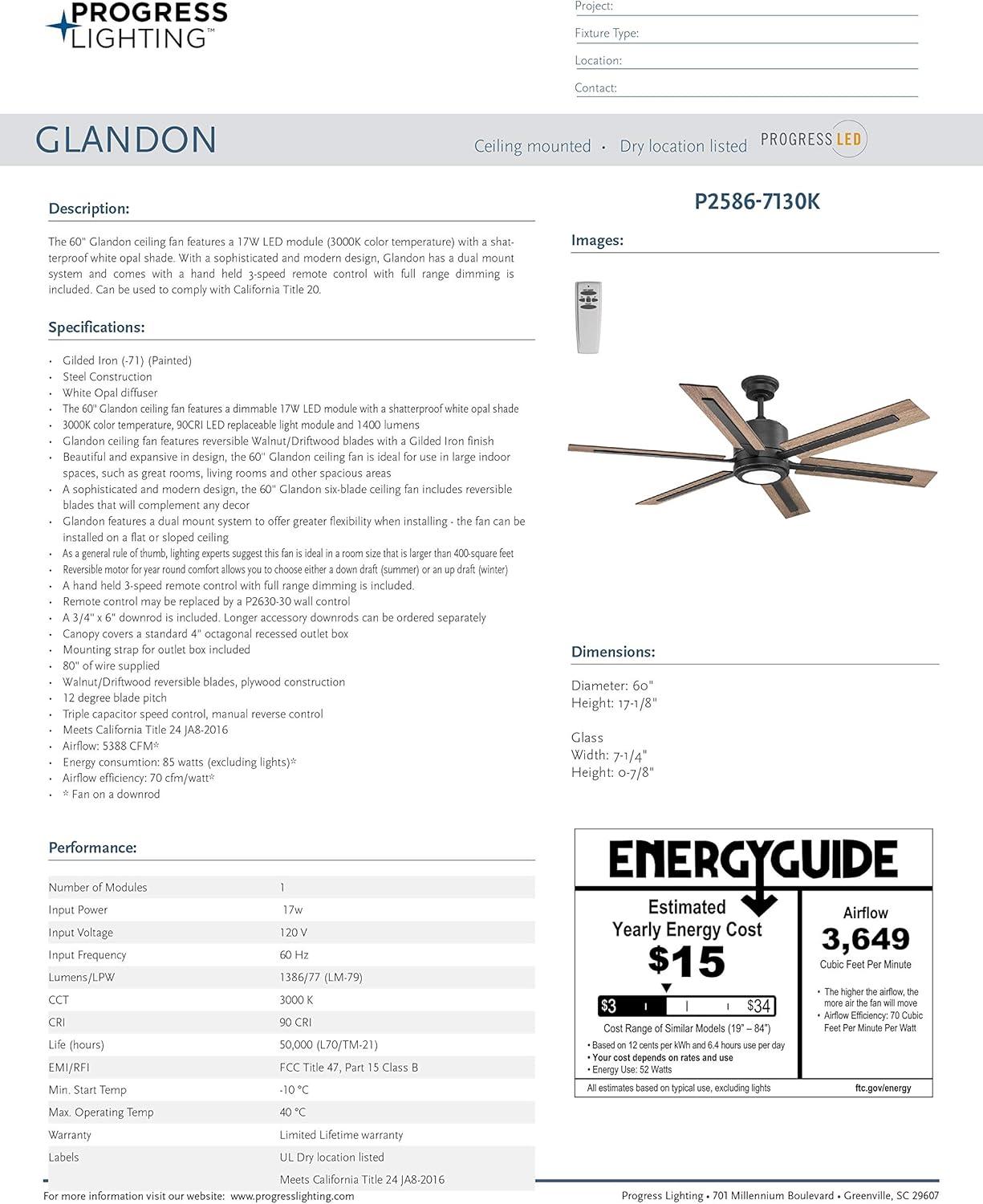 image:imageProgress Lighting P25867130K Protruding Mount 6 Toasted OakDriftwood Blades Ceiling Fan with 18 Watts Light Black