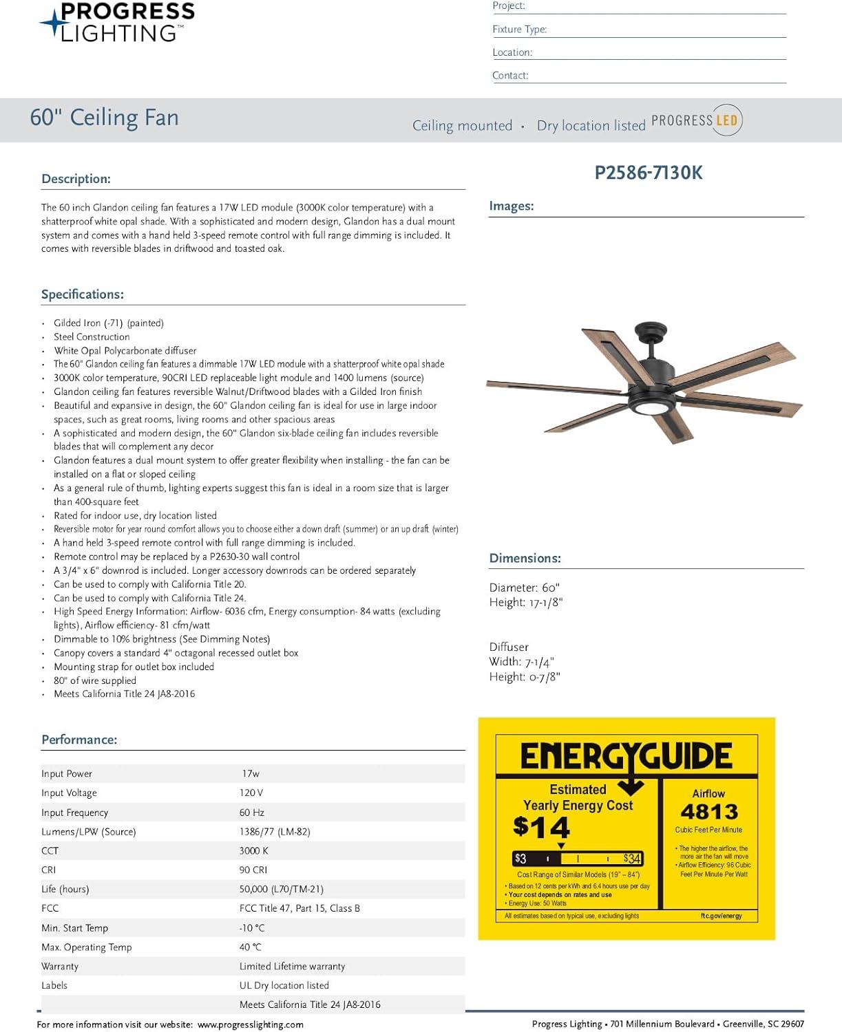 image:imageProgress Lighting P25867130K Protruding Mount 6 Toasted OakDriftwood Blades Ceiling Fan with 18 Watts Light Black