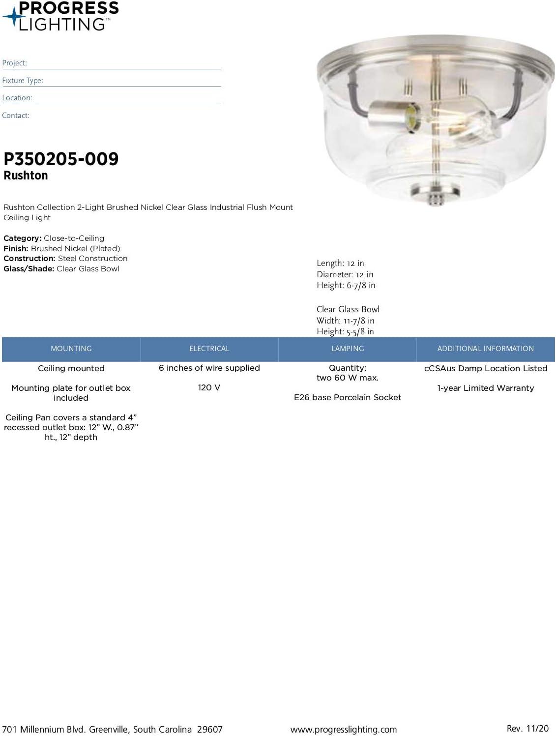image:imageProgress Lighting Rushton Collection 2Light Brushed Nickel Clear Glass Industrial Flush Mount Ceiling Light
