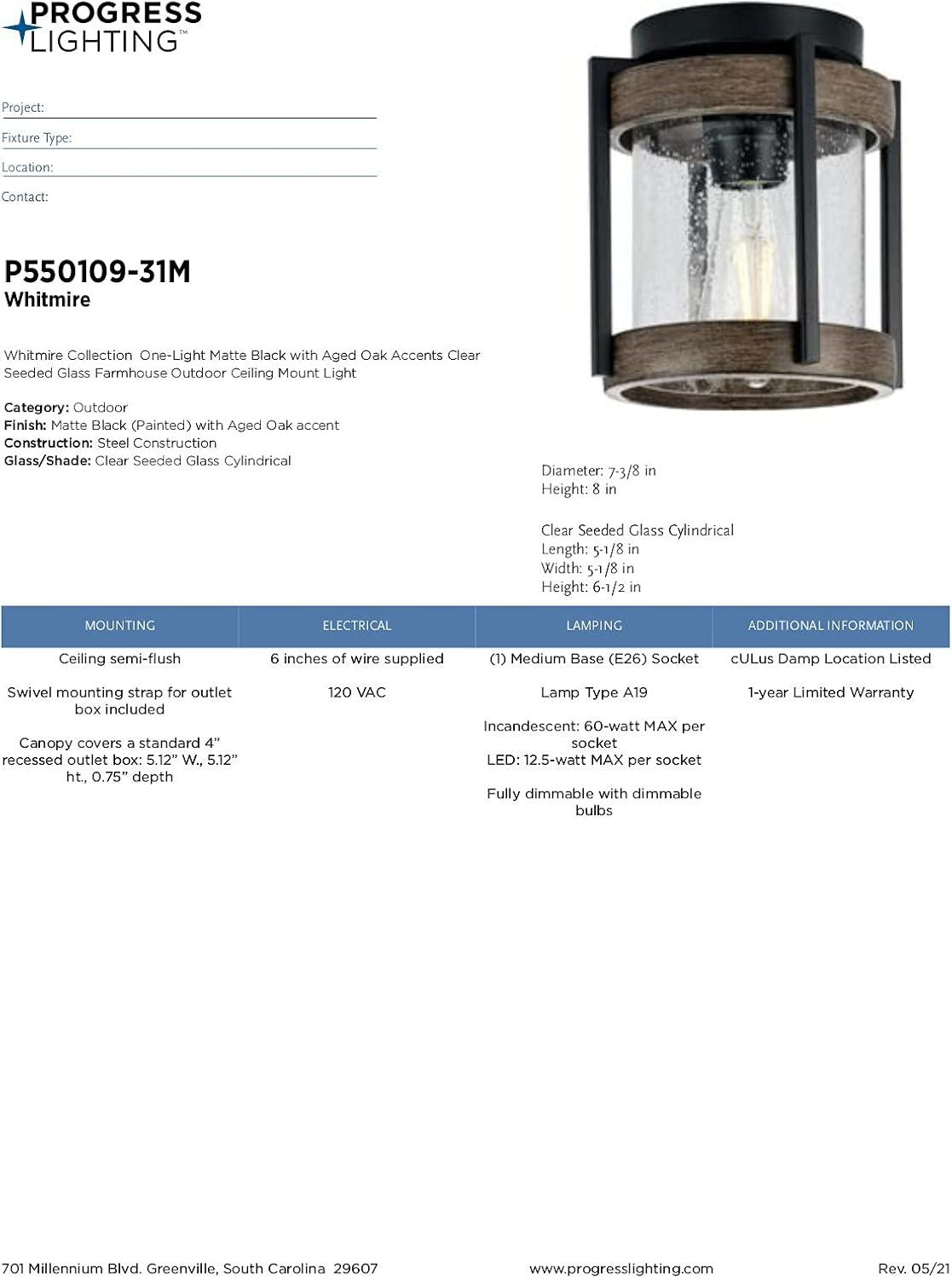 image:imageProgress Lighting Whitmire Collection 1Light Clear Seeded Glass Light Aged Oak Accents Farmhouse Outdoor Ceiling Mount Matte Black