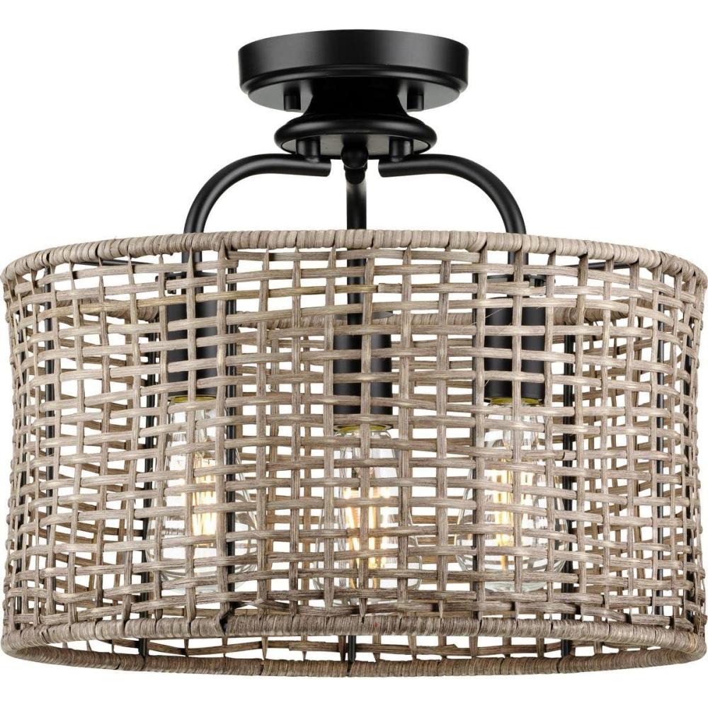image:imageProgress Lighting Lavelle Collection 3Light Natural Rattan Textured Black Global SemiFlush Mount Convertible Ceiling Light 1438x1563x1563