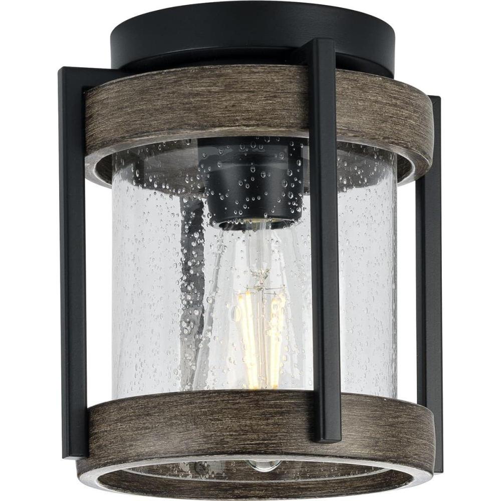image:imageProgress Lighting Whitmire Collection 1Light Clear Seeded Glass Light Aged Oak Accents Farmhouse Outdoor Ceiling Mount Matte Black