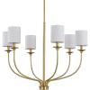 Progress Lighting Bonita Collection 6-Light White Linen Fabric Shade Luxe Chandelier Light Satin Brass