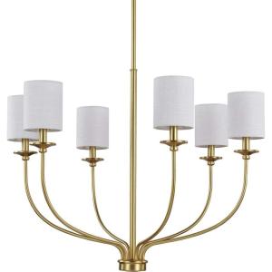 Progress Lighting Bonita Collection 6-Light White Linen Fabric Shade Luxe Chandelier Light Satin Brass