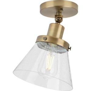 Progress Lighting Hinton Collection 1-Light Seeded Glass Vintage Brass Industrial Flush Mount Ceiling Light(Brass)