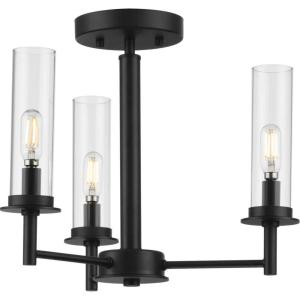 Progress Lighting Kellwyn Collection 3-Light Matte Black Clear Glass Transitional Semi-Flush Mount Convertible Ceiling Light, 12.63×16.00×16.00