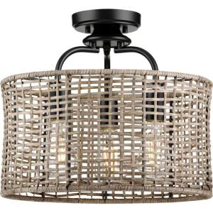 Progress Lighting Lavelle Collection 3-Light Natural Rattan Textured Black Global Semi-Flush Mount Convertible Ceiling Light 14.38×15.63×15.63