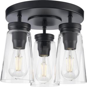 Progress Lighting Stockbrace Collection 3-Light Matte Black Clear Glass Farmhouse Flush Mount Ceiling Light