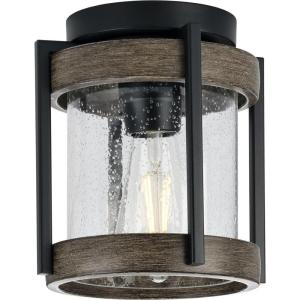 Progress Lighting Whitmire Collection 1-Light Clear Seeded Glass Light Aged Oak Accents Farmhouse Outdoor Ceiling Mount Matte Black