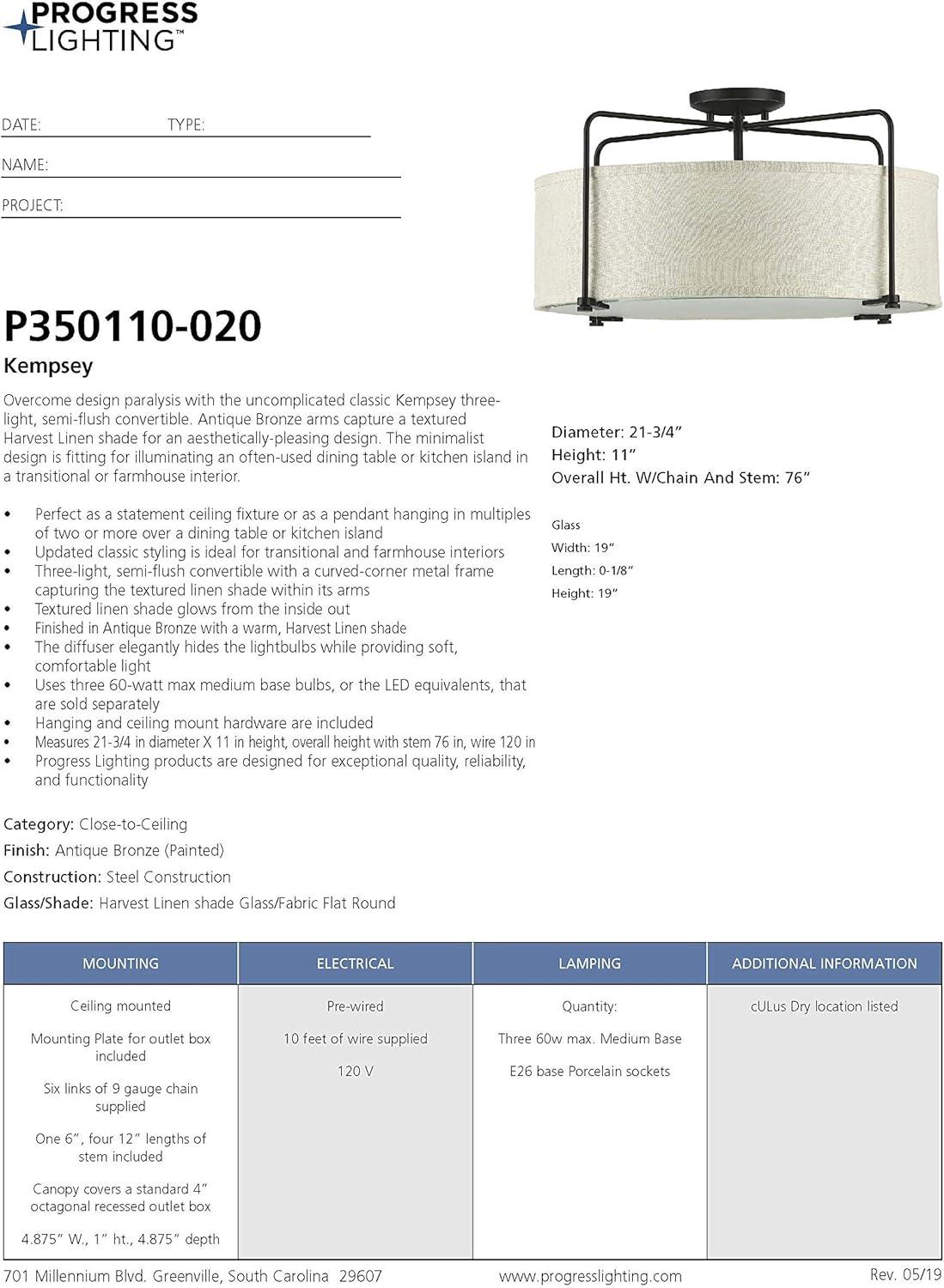 image:imageProgress Lighting Kempsey Collection ThreeLight SemiFlush Convertible Antique Bronze 11 x 2134Antique Bronze
