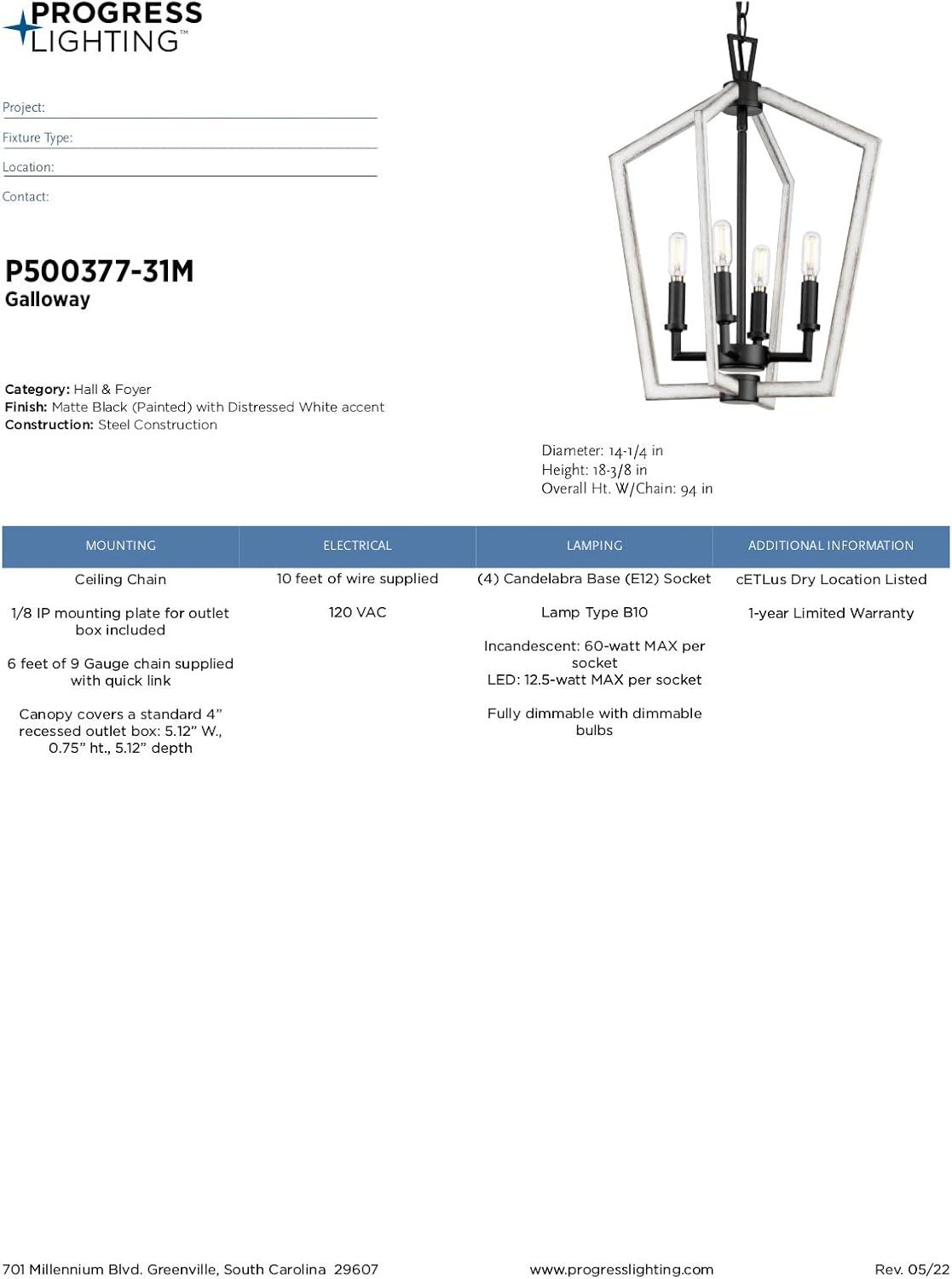 image:imageProgress Lighting P50037731M Galloway Collection 4Light Modern Farmhouse Chandelier with Matte Black with Distressed White Accents