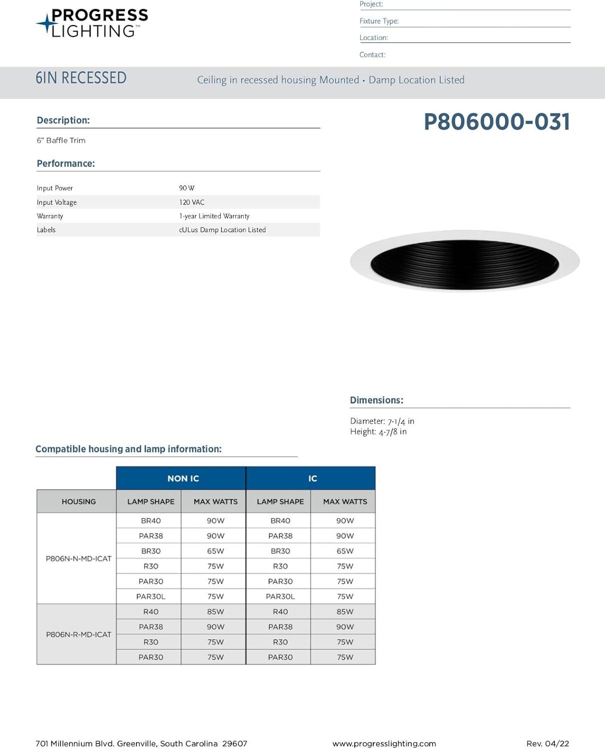 image:imageProgress Lighting P806000031 6 Recessed Step Baffle Trim Black 6 Housing P806N SeriesBlack