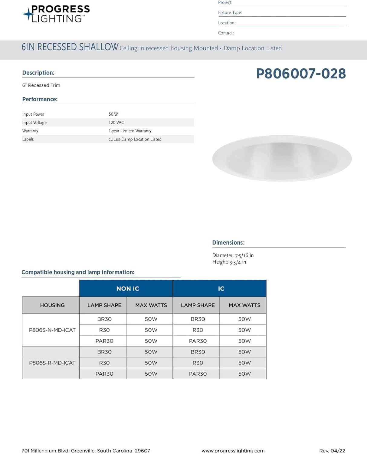 image:imageProgress Lighting P806007028 6 Recessed Open Trim Satin White 6 Shallow Housing P806S Series