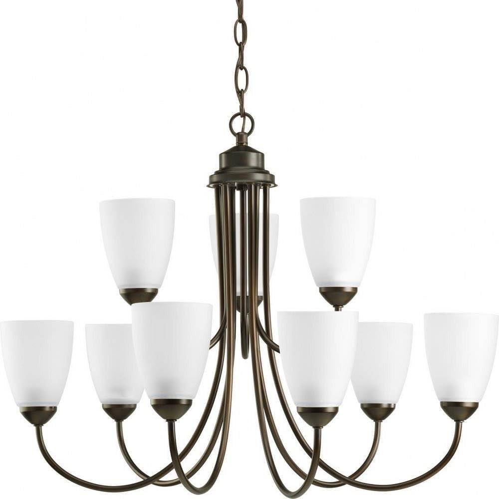 image:imageProgress Lighting Gather Collection 9Light Etched Glass Traditional Chandelier Light Antique BronzeAntique Bronze