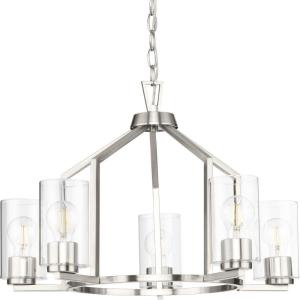 Progress Lighting P400316-009 Goodwin 24 in. Five-Light Brushed Nickel Modern Farmhouse Chandelier with Clear Glass Shade