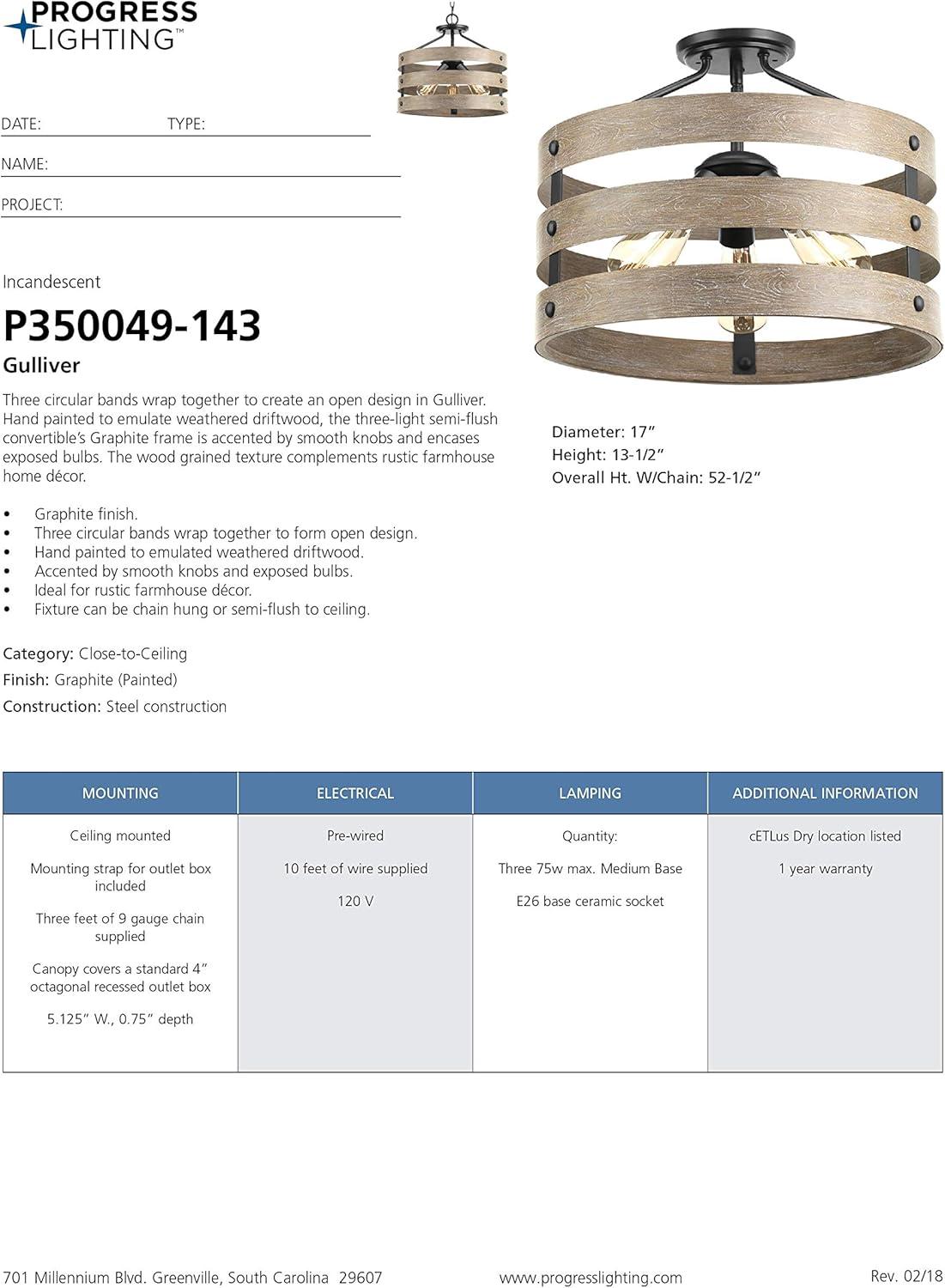image:imageProgress Lighting P350049143 Gulliver ThreeLight SemiFlush Convertible Graphite finish 1350x1700x1700Graphite finish