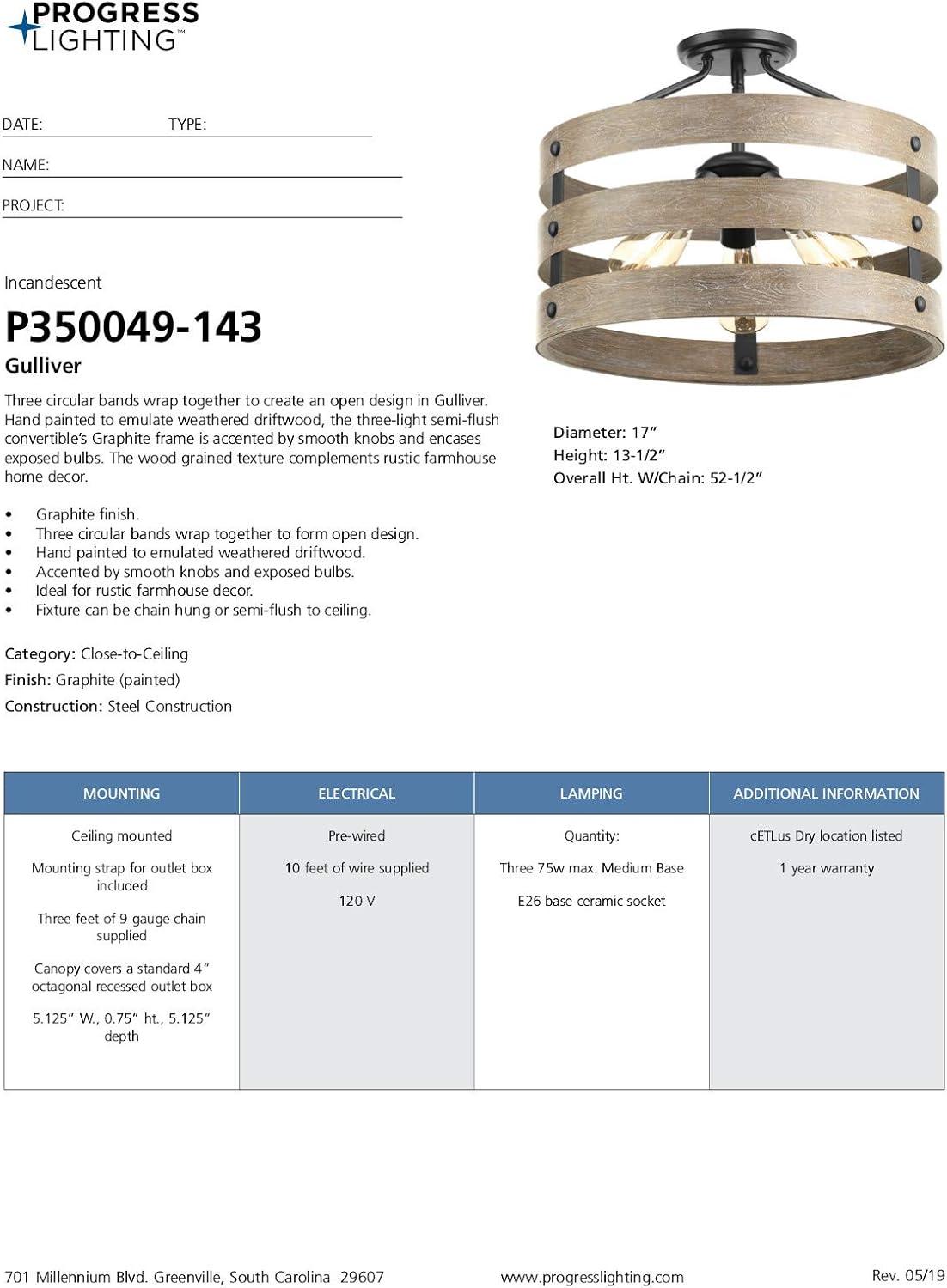 image:imageProgress Lighting P350049143 Gulliver ThreeLight SemiFlush Convertible Graphite finish 1350x1700x1700Graphite finish