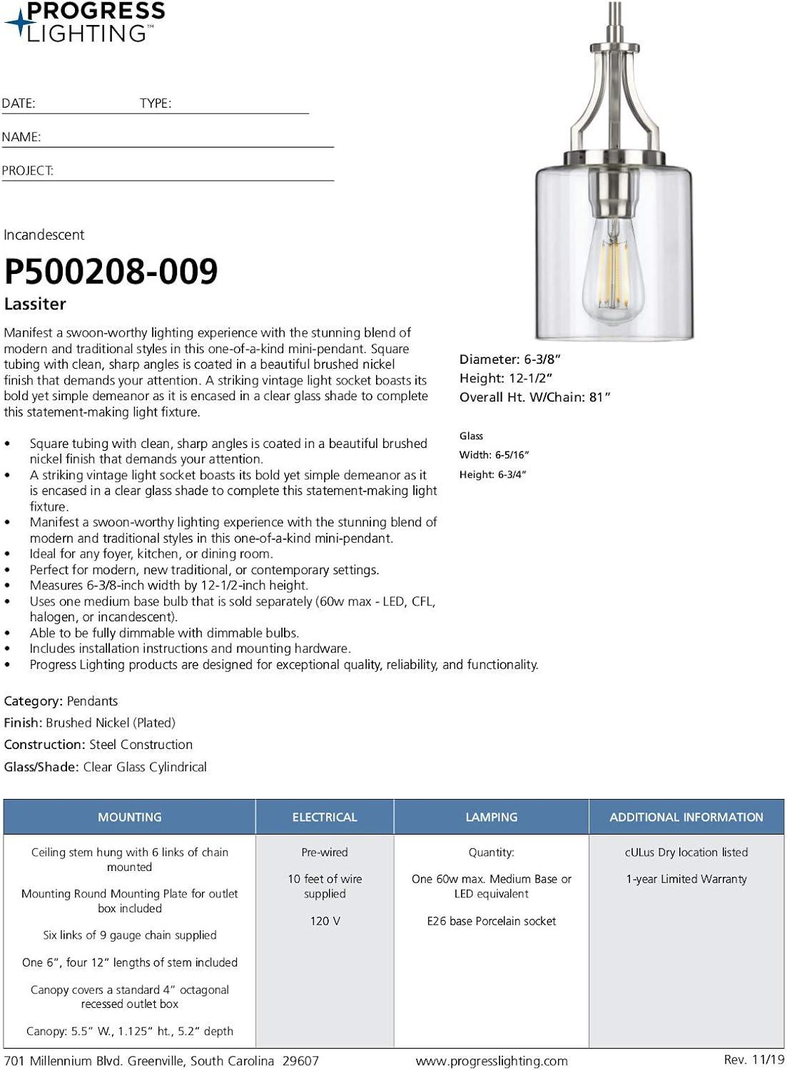 image:imageProgress Lighting Lassiter Collection 1Light Clear Glass Modern Pendant Light Matte BlackBrushed Nickel