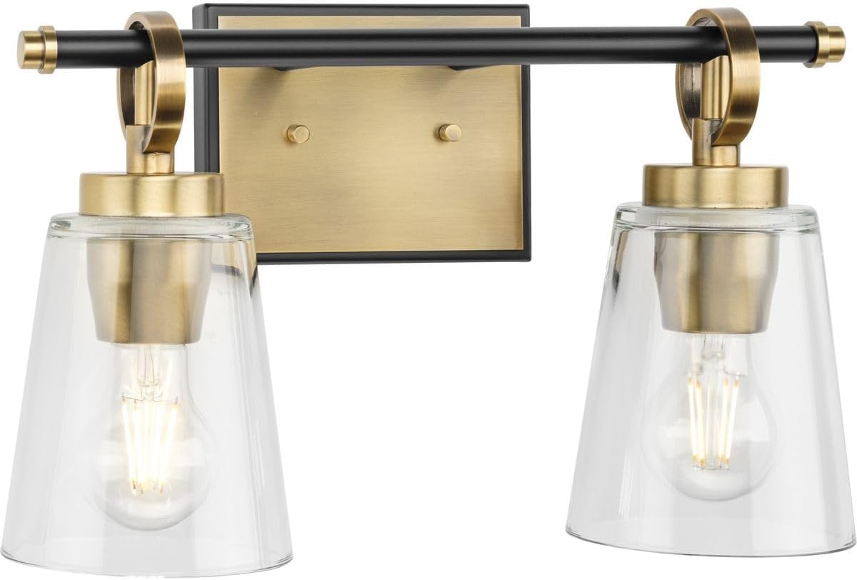 image:imageProgress Lighting Cassell 145 in 2Light Vintage Brass and Matte Black Vanity Light with Clear Glass Shades for Bathroom