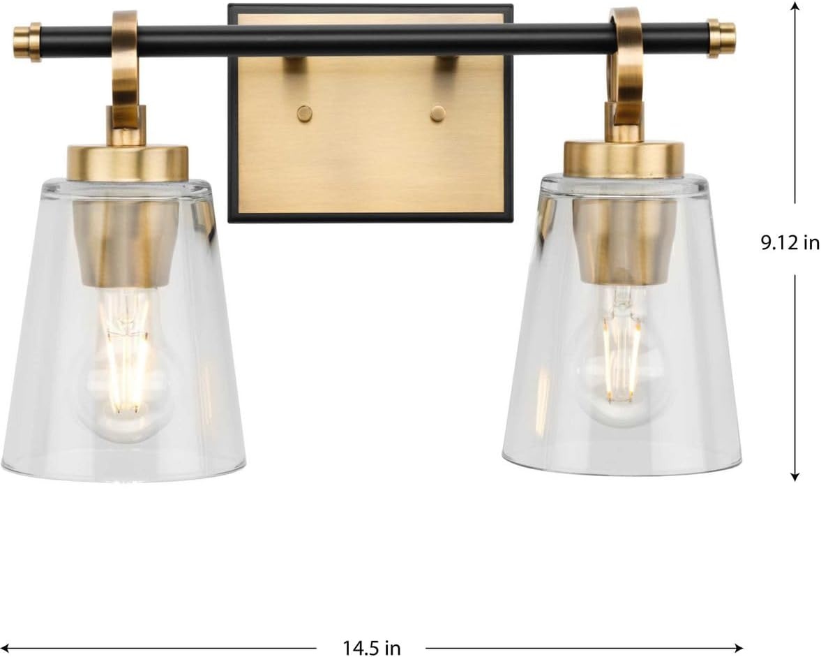 image:imageProgress Lighting Cassell 145 in 2Light Vintage Brass and Matte Black Vanity Light with Clear Glass Shades for Bathroom