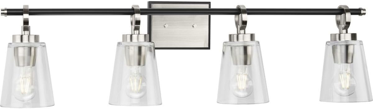 image:imageProgress Lighting Cassell 3387 in 4Light Brushed Nickel and Matte Black Vanity Light with Clear Glass Shades for Bathroom